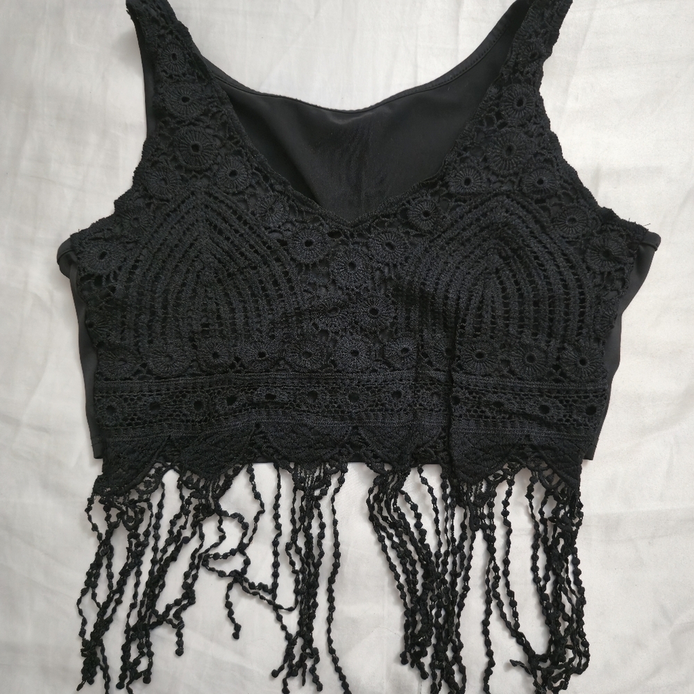Black Crochet Fringe Crop Top – Fits Like L